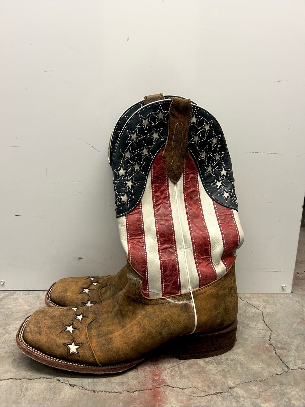 J.B. Dillon Brown Leather Cowboy Boots with Red, White & Blue Flag Shaft